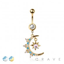 316L SURGICAL STEEL RISING MOON SUN STAR DANGLE BELLY BUTTON NAVEL RING 